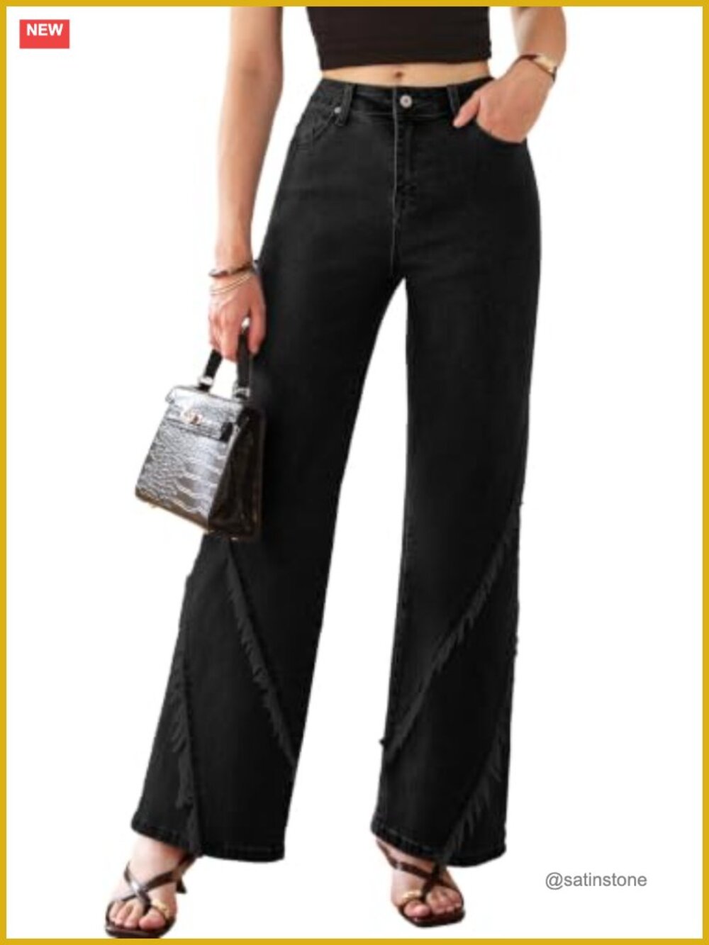 High Waisted Wide Leg Stretchy Jeans Frayed Slit Denim Pants